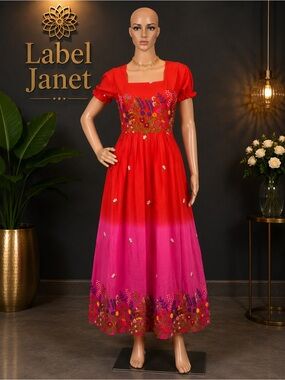 Brand new Hand-Embroidered Red Floral Midi Dress,Bust - M up to L